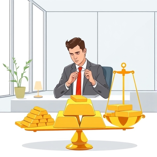 一個平衡秤在測量黃金與市場波動的元素之間。