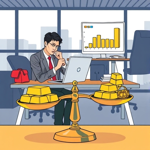 一位冷靜的投資者在現代辦公室內研究黃金市場趨勢。