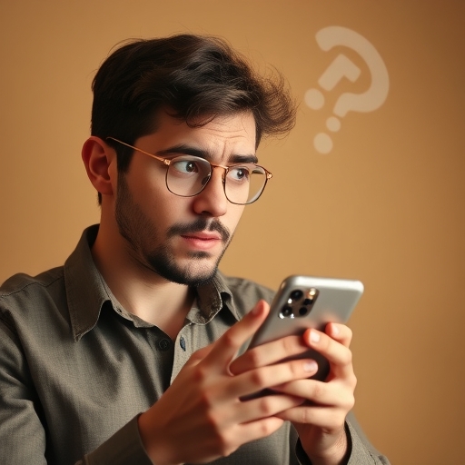 一位男子正在看手機感到困惑
