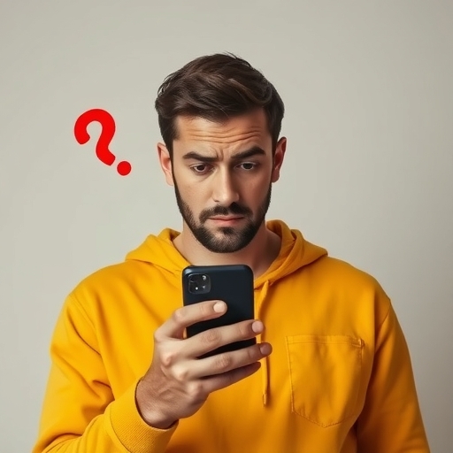 一位男子正在看手機感到困惑