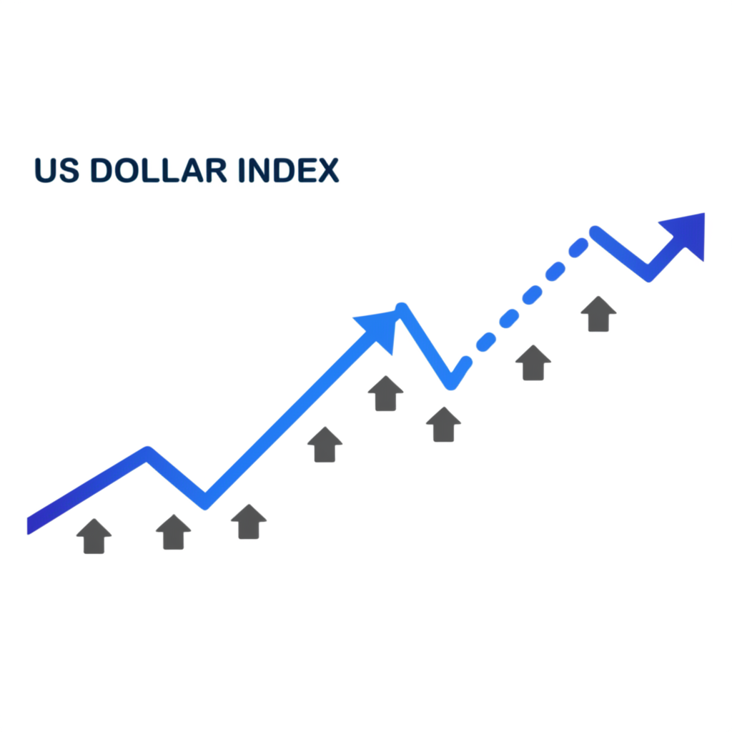 一張顯示美元指數（DXY）下跌趨勢的圖表，箭頭指示下降，背景有全球貨幣符號。