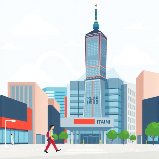台灣股市的插畫，背景為都市高樓，前景為股票數據與交易介面