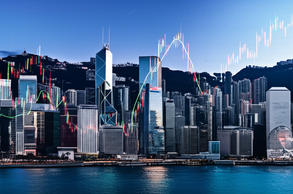 香港城市景觀與外匯走勢圖,呈現金融交易氛圍