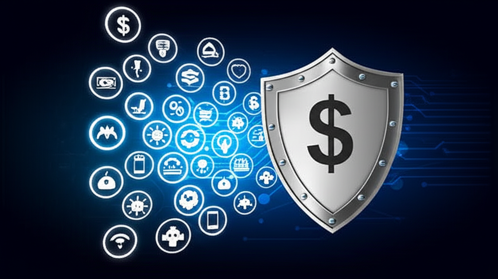 數位安全防護插畫，盾牌保護金錢免受網路威脅