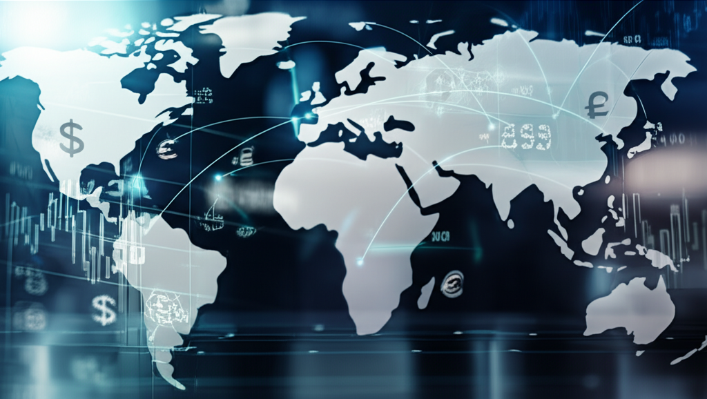 Moneta Markets全球金融場景插畫,象徵國際佈局與專業信譽