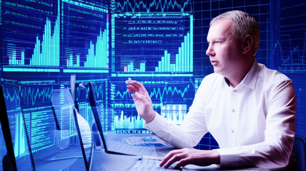 交易者評估市場數據示意圖，呈現專業交易員監看多螢幕即時行情的畫面