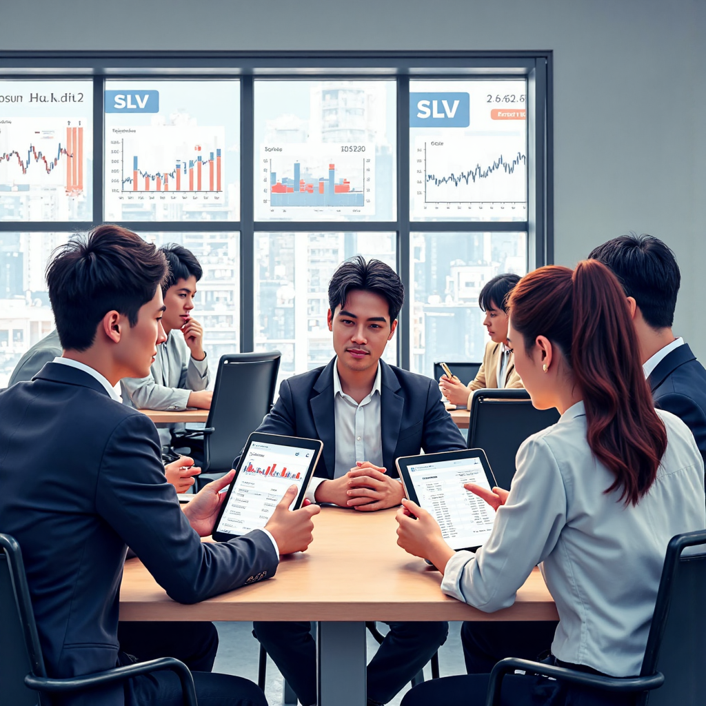 台灣投資人觀察 SLV ETF 表現圖表的現代場景，背景為合作空間與銀色元素