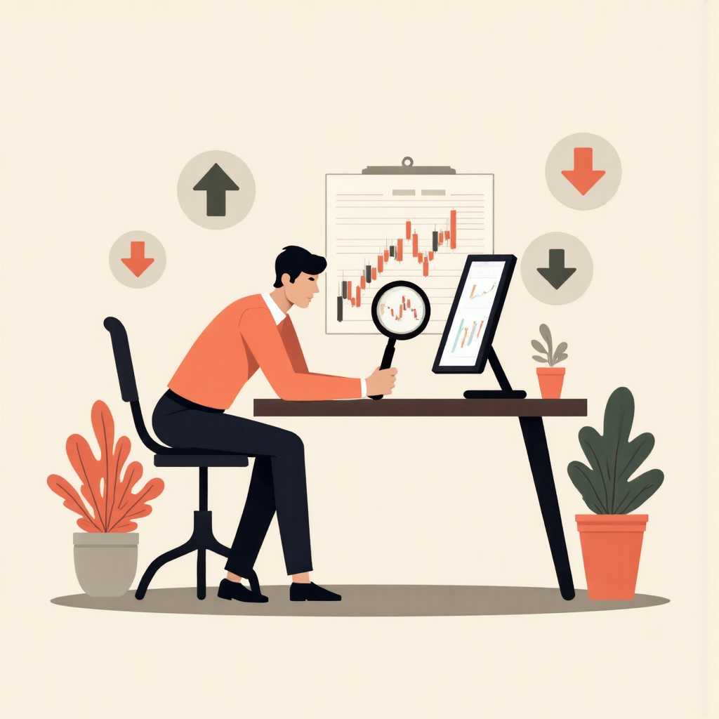 投資者研究下跌股價圖表，像素藝術風格，象徵分析機會