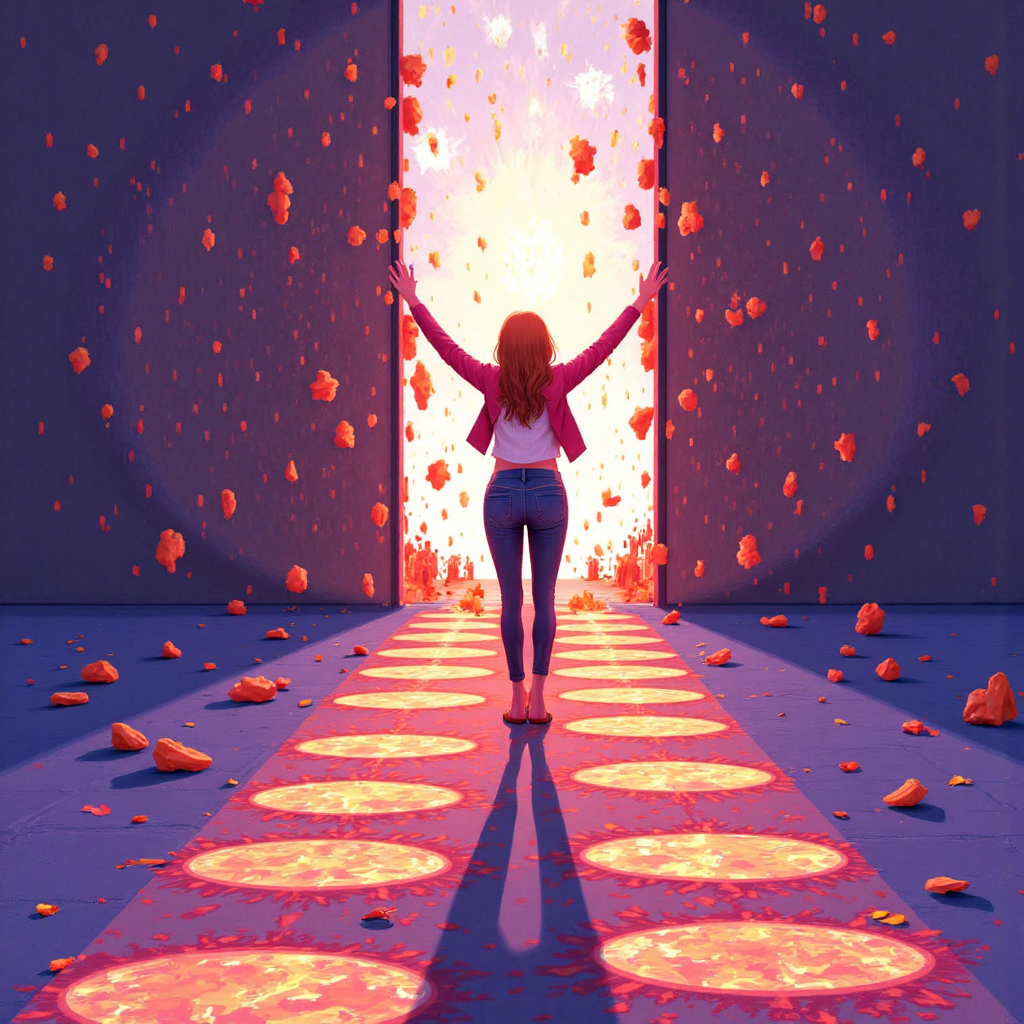 像素藝術風格，一個人喜悅地衝破閃耀的透明障礙，象徵突破極限與邁向光明未來