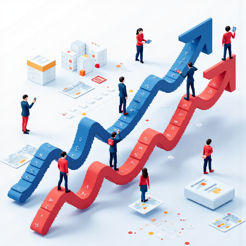 金融數據流抽象視覺化，顯示向上趨勢圖表和小人物表示槓桿