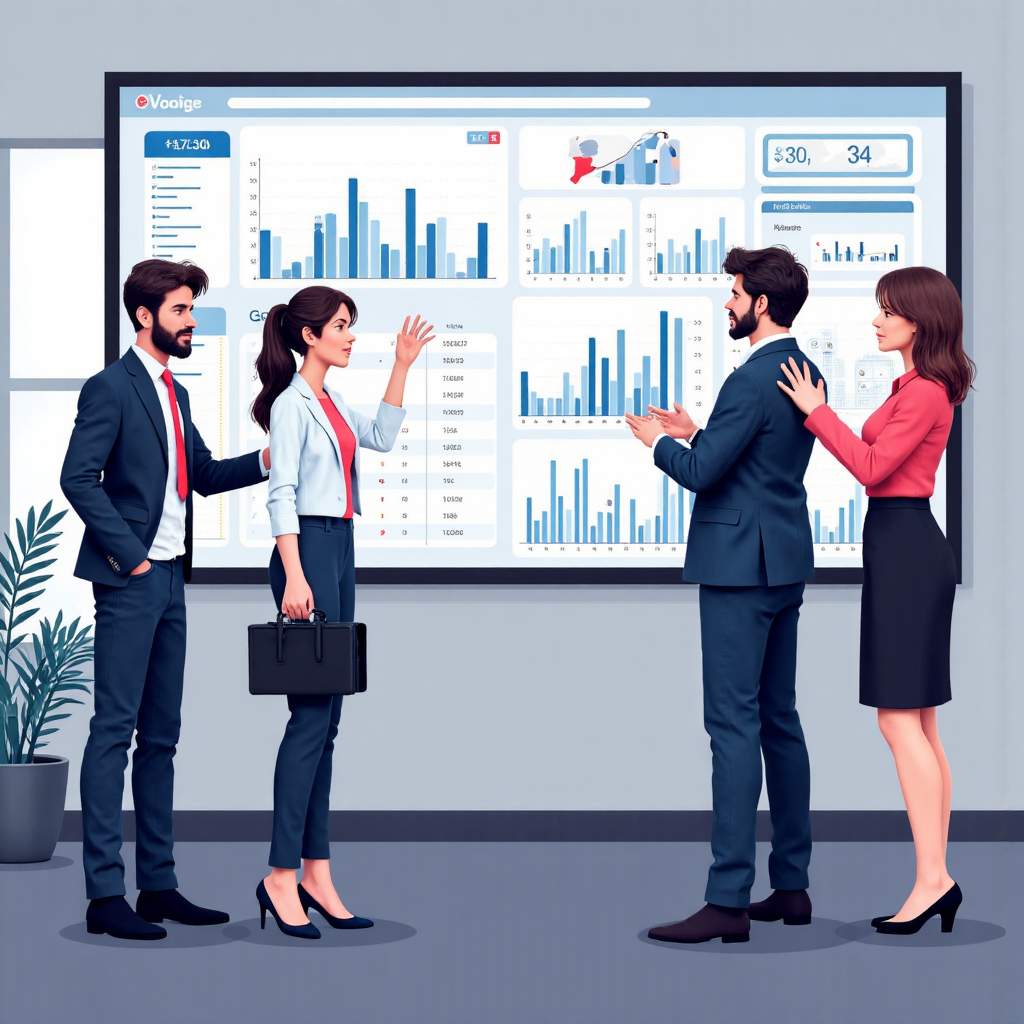 多元群體在現代工作環境中檢視大型金融數據螢幕，圖表與數字強調透明與清晰度