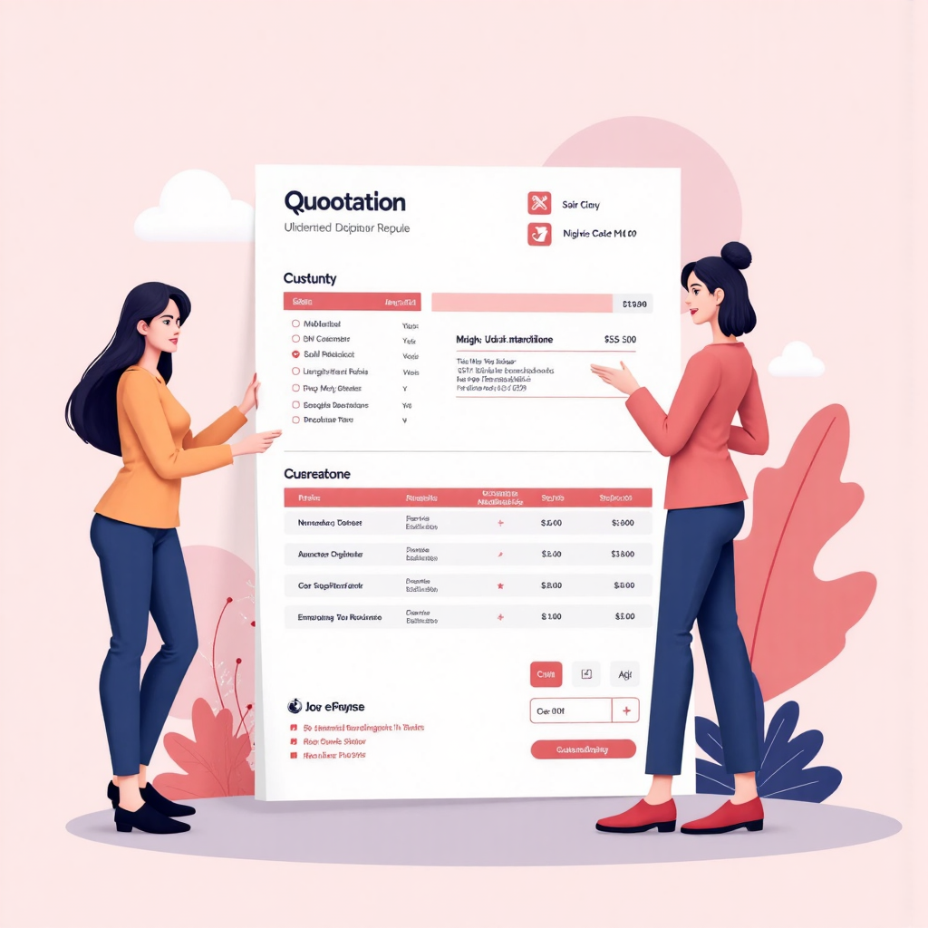 專業報價單文件插圖，包含公司與客戶資訊及項目細分