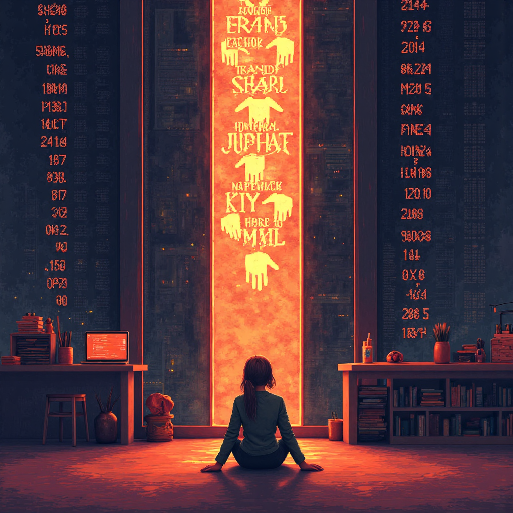 像素藝術風格的溫馨插圖，一人倚靠由交織雙手與勵志詞彙組成的發光支撐柱，背景為股市圖表，營造溫暖希望氛圍