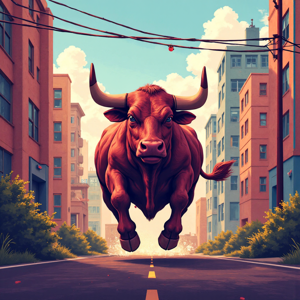公牛向上衝刺穿越城市景觀的像素藝術插圖，象徵樂觀的市場上漲趨勢