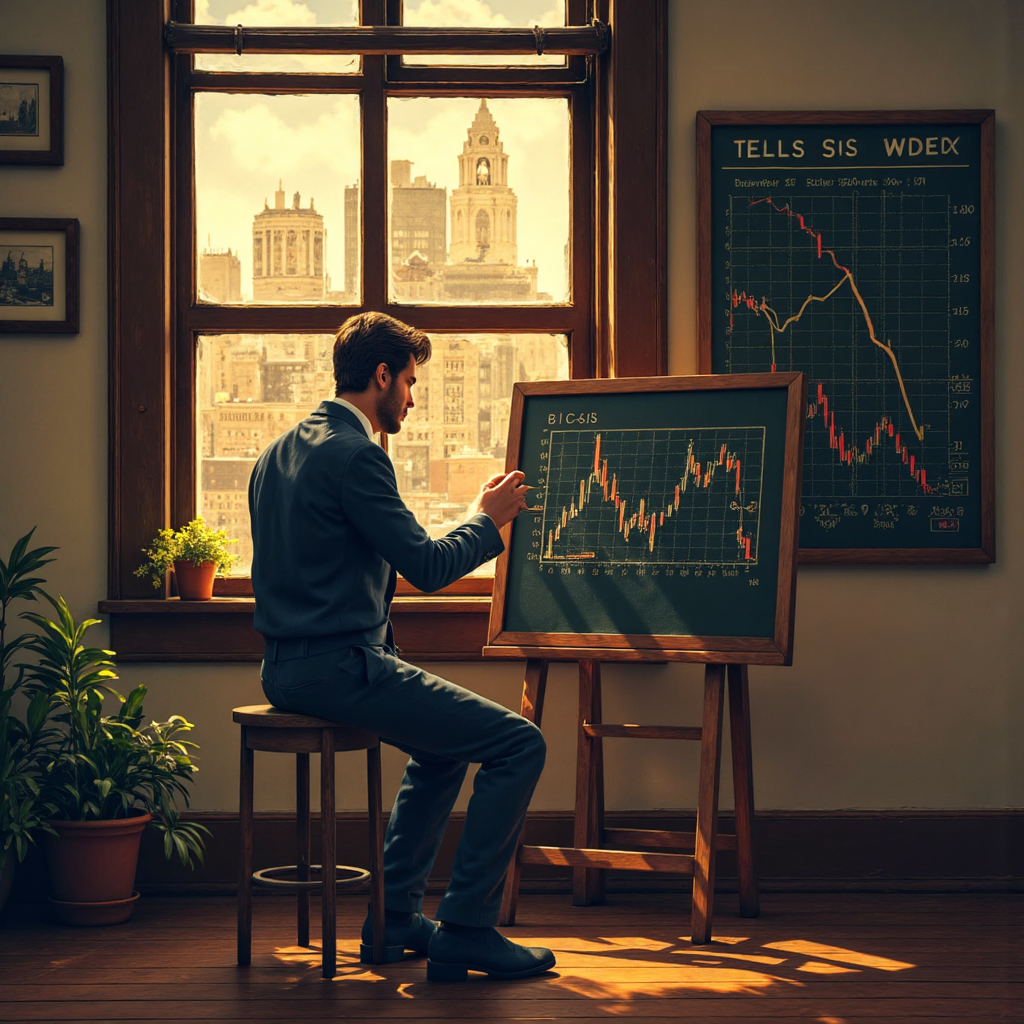 查爾斯·道在黑板上繪製圖表，背景為老式華爾街建築的復古插圖