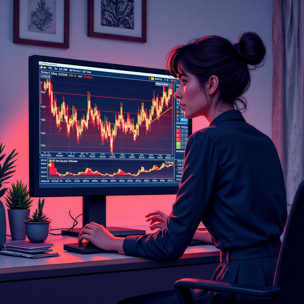 像素藝術風格的交易者專注於閃爍的股票圖表，展現快速成長與波動的動感線條與數字，帶有略顯焦慮卻堅定的表情，背景是燈光柔和的辦公桌配備筆電與交易終端
