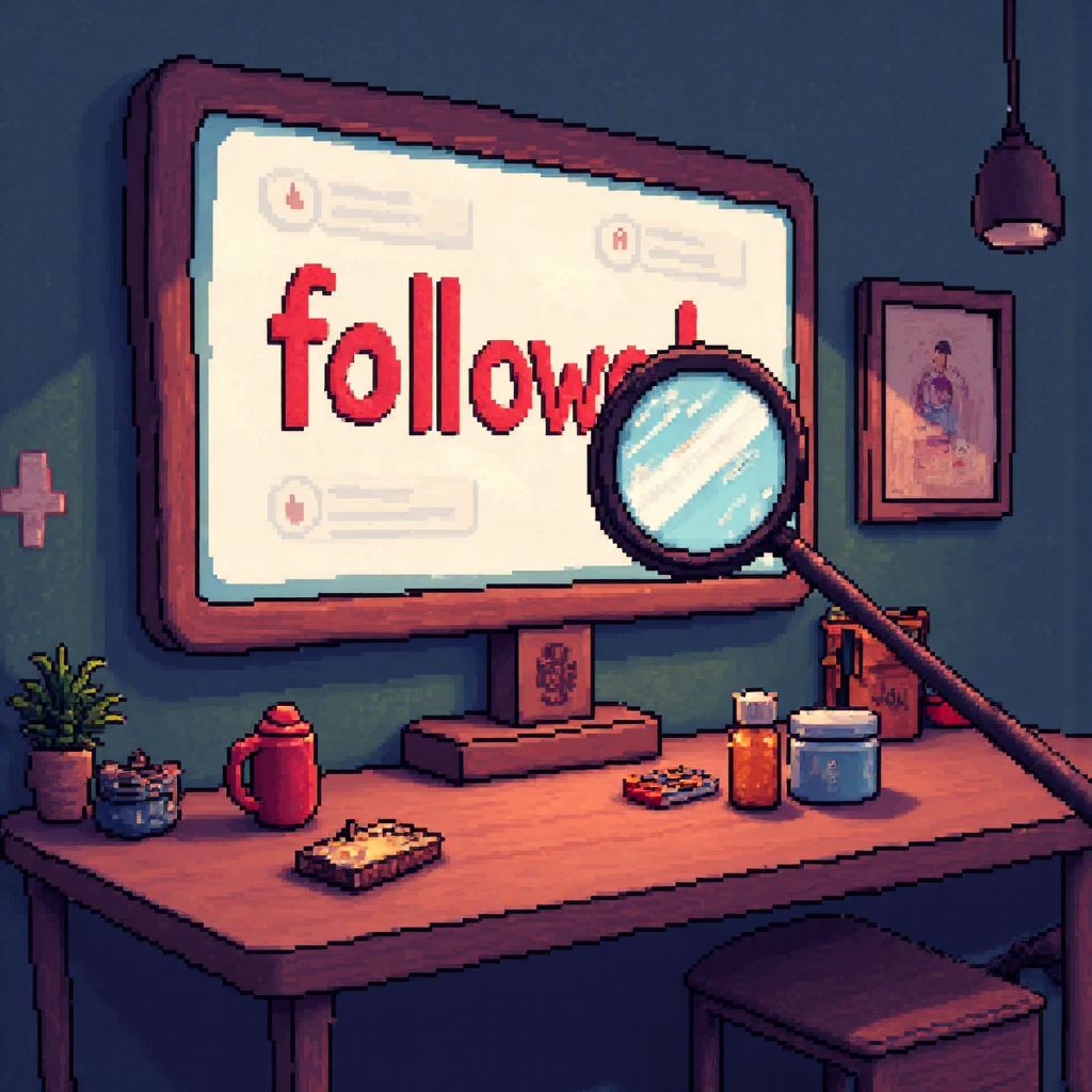 放大鏡懸停在社群媒體動態上，強調'followed'一詞的像素藝術插圖