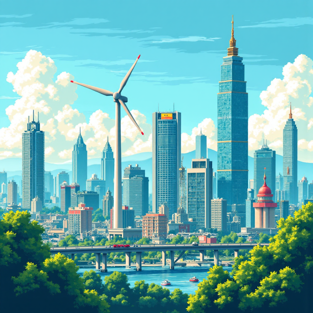 台北101等台灣地標融入風車和太陽能板等綠能元素,在晴朗藍天下展現現代城市活力與進步樂觀