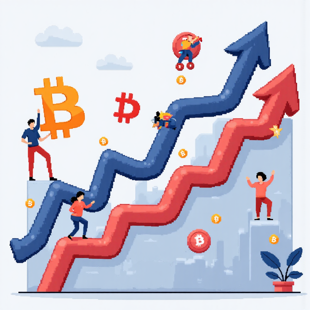 比特幣價格走勢圖示，包含向上向下箭頭和全球經濟圖標，象徵市場影響