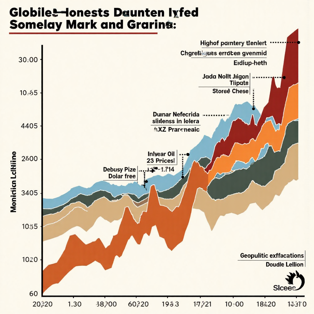 全球經濟指標與原油價格互動的像素藝術圖表，展示美元指數、通膨與地緣緊張的關聯