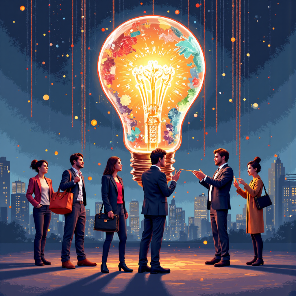 像素藝術風格，多樣化專業人士圍繞發光創新概念合作，象徵團隊進步與新想法的產生