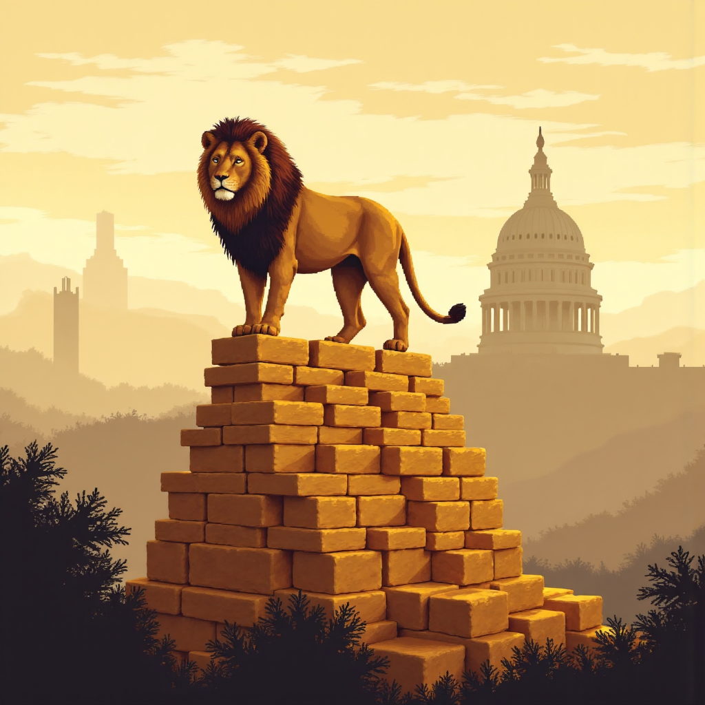 黃金與美元聯動關係的象徵圖像，描繪保護性的金色獅子守護金條堆疊與美國國會大廈輪廓