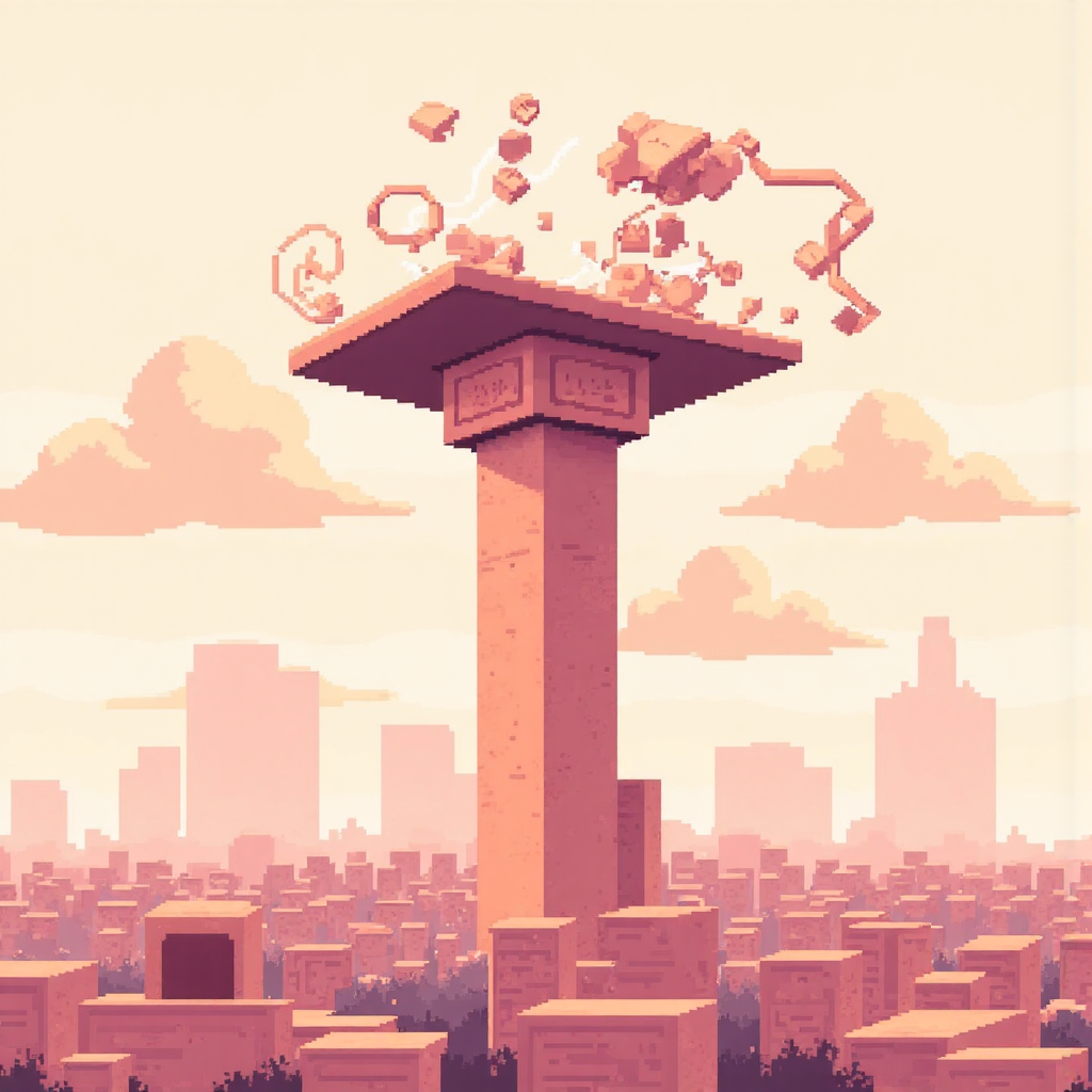 像素藝術風格的堅固支柱托住屋頂，周圍環繞抽象金融數據圖形，柔和色調與溫暖燈光