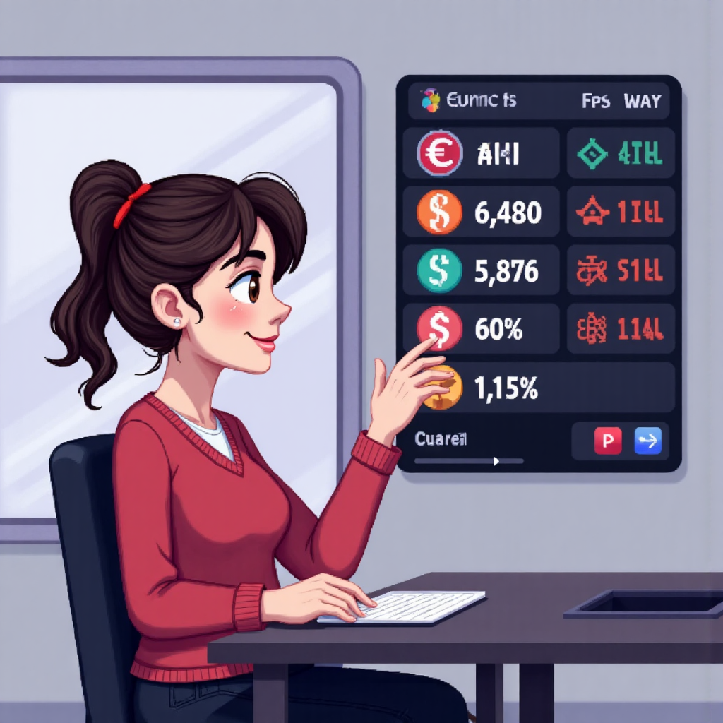 友好插圖角色在交易平台螢幕上小心選擇不同貨幣符號