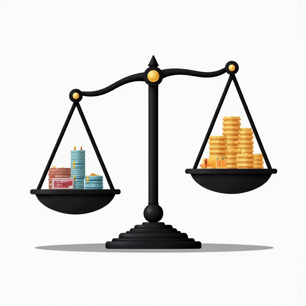 資產與波動市場價格的天平,代表公允價值衡量的動態性,標示層級一、二、三,使用簡潔極簡風格