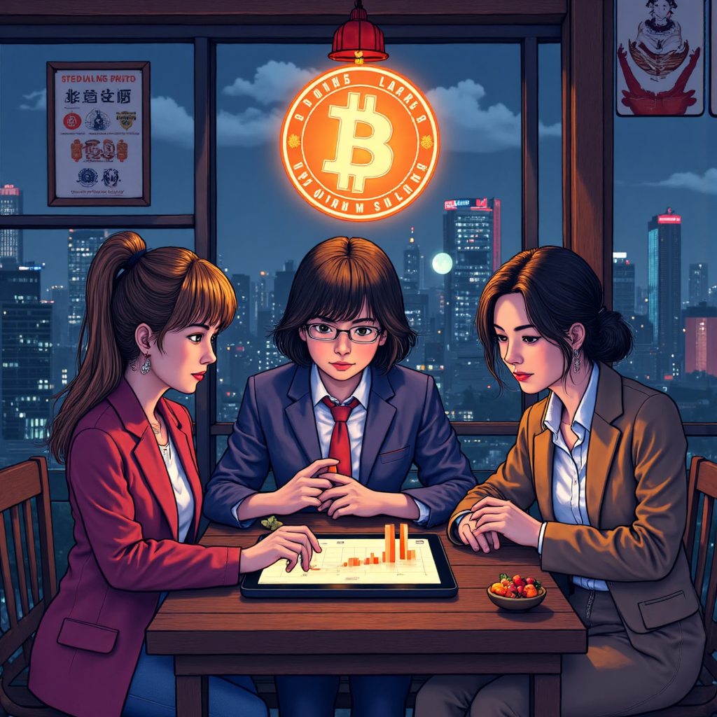 台灣投資者觀看閃爍比特幣圖表的插圖，手持平板顯示本地交易所圖標，呈現親切風格