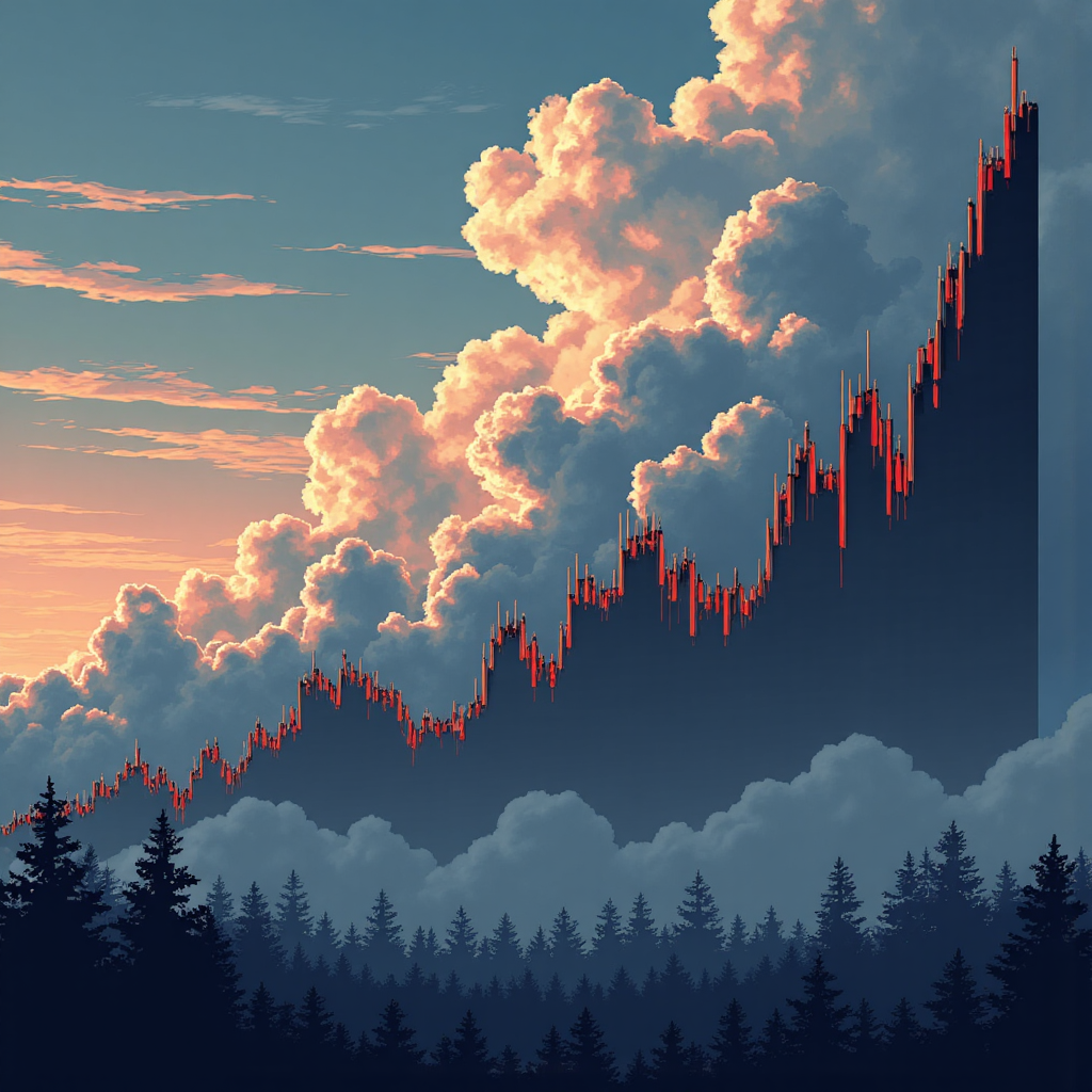股票圖表在風暴雲中劇烈下跌後緩慢回升，象徵金融危機與經濟韌性的戲劇性藝術渲染