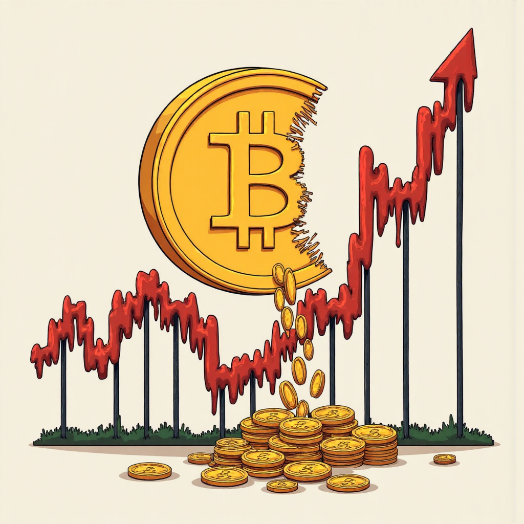 比特幣減半事件插圖，一個造型化的比特幣被切半，硬幣流入市場圖表，呈現趣味風格