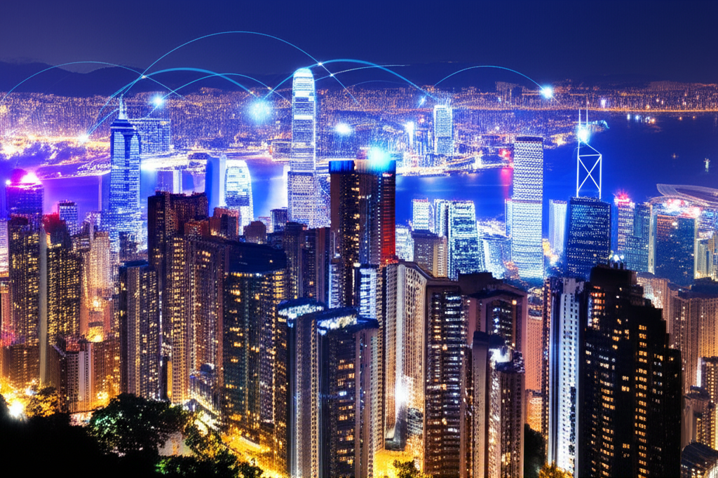 香港天際線與數位金融元素融合，象徵國際金融中心的科技轉型