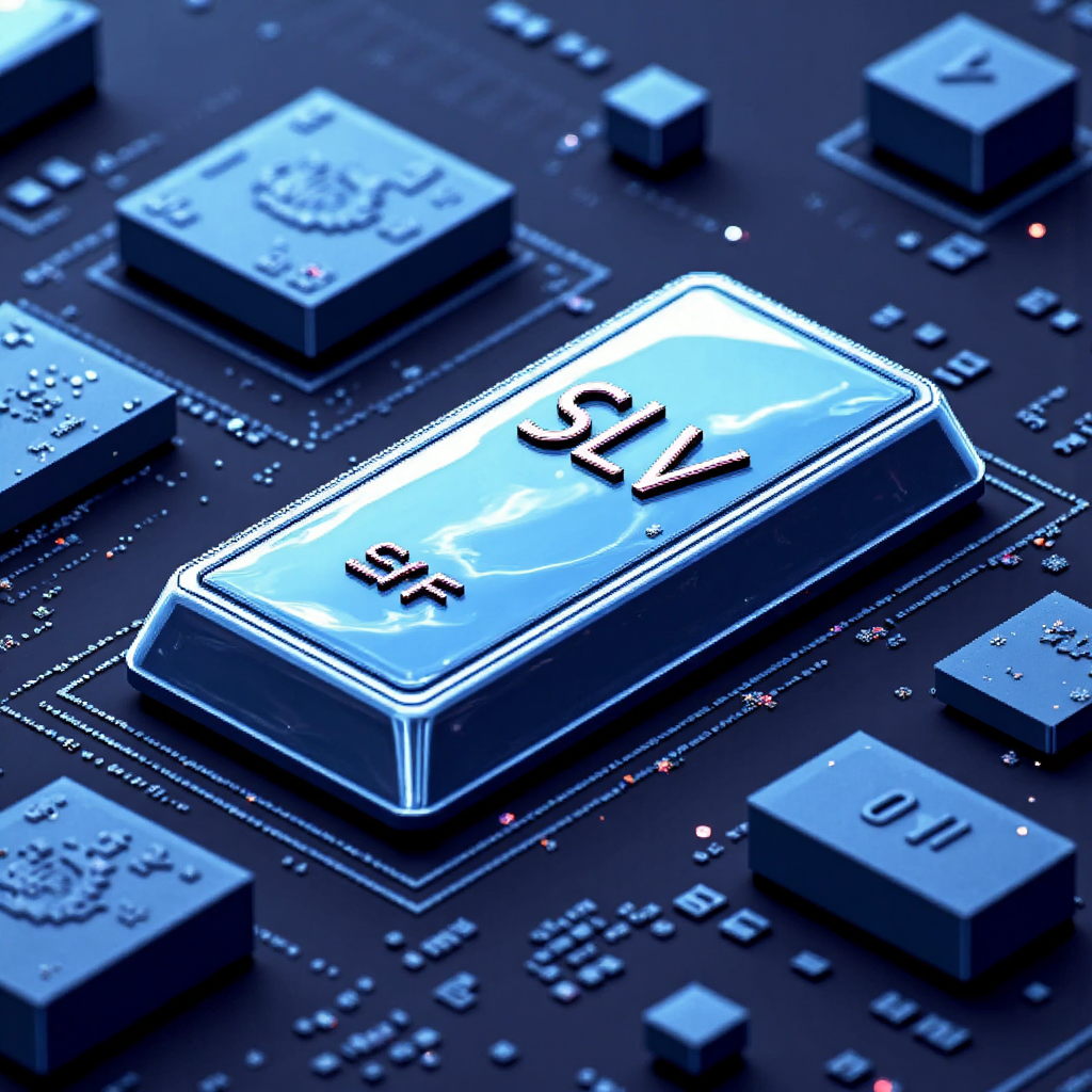 SLV ETF 股票代碼與閃耀銀條的現代像素藝術插圖，背景為交易圖表與財務數據
