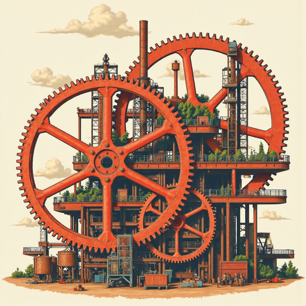 影響銅價因素的齒輪系統像素藝術，代表供需平衡與全球經濟成長及地緣政治陰影