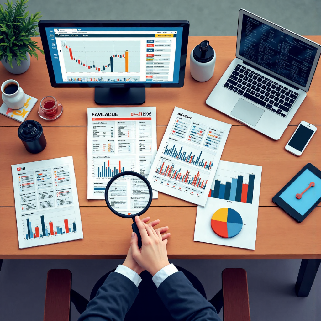 俯視辦公桌上的金融文件、筆電與放大鏡，聚焦單一點象徵詳細分析，在平靜氛圍中