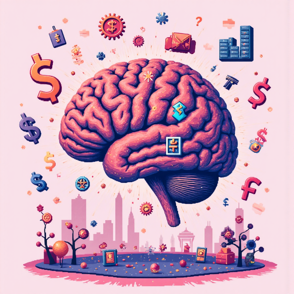 大腦內部交織齒輪與發光人工智慧電路,周圍環繞抽象財務圖表和浮動貨幣符號