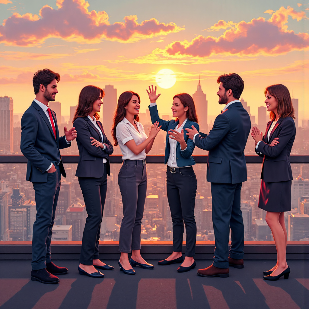 多元群體熱烈討論財務圖表,在日出時分的城市屋頂上俯瞰繁忙金融區