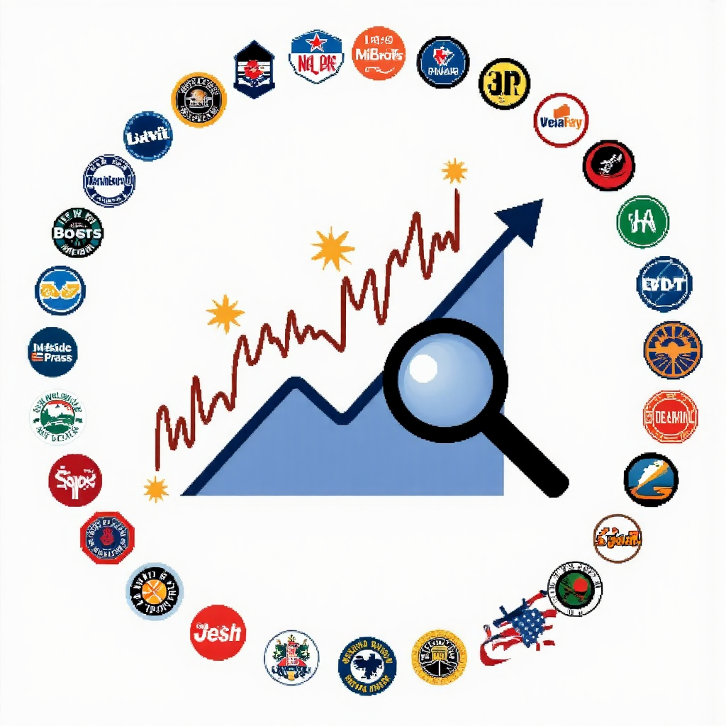30家美國企業標誌環繞上升股票圖表，中央有放大鏡的奇幻插圖