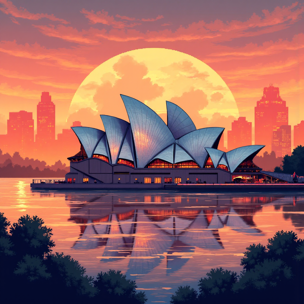 雪梨歌劇院與股市圖表結合的像素藝術插圖