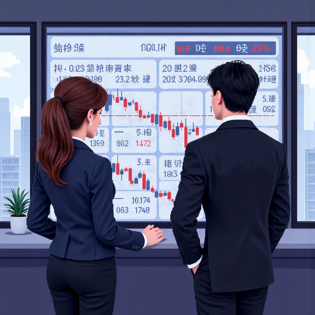 台北商務人士觀察美元兌人民幣離岸匯率數據螢幕，展現策略規劃氛圍