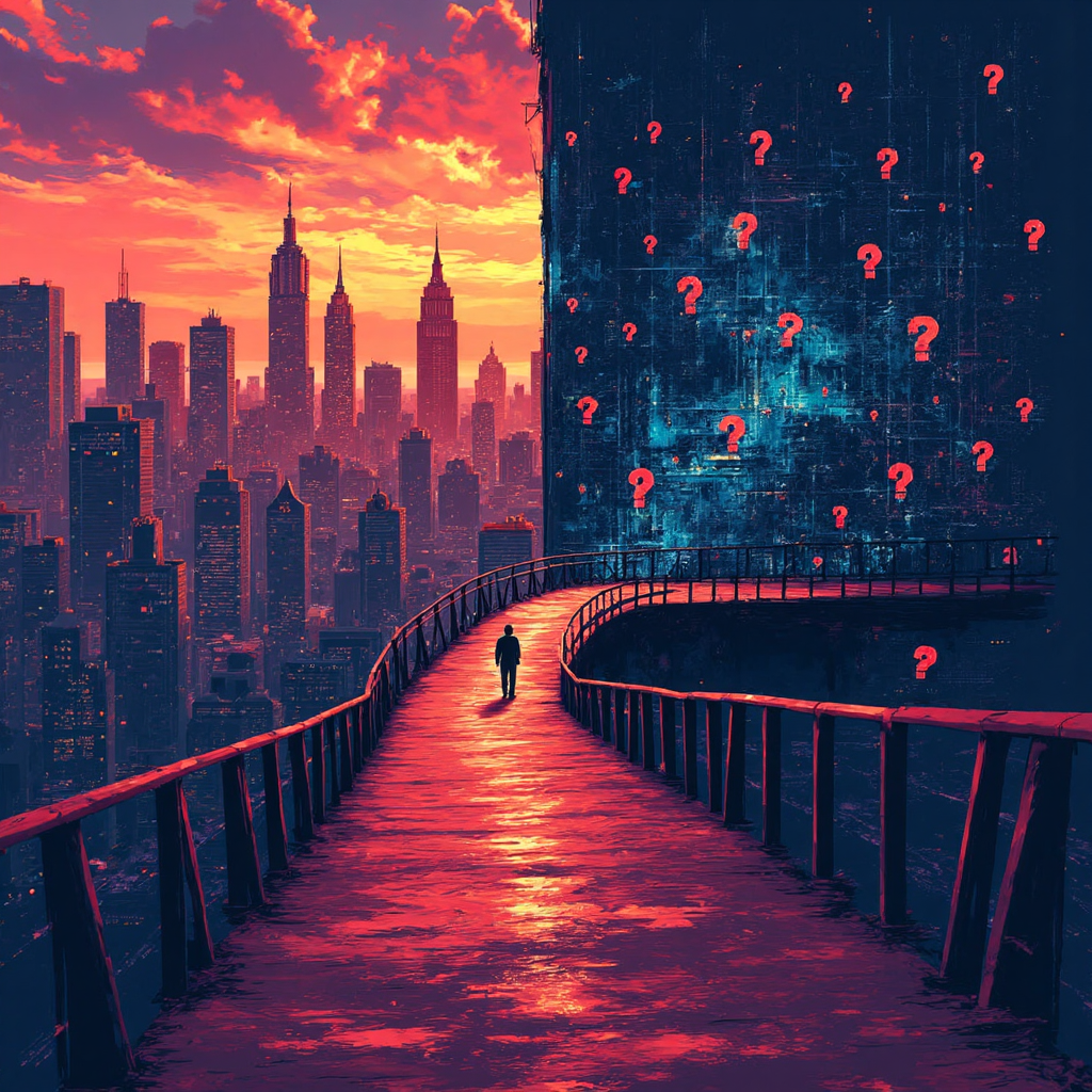 像素藝術風格的交易路徑分岔，一條通往燈火輝煌的城市天際線象徵獲利，另一條是黑暗風暴迷宮充滿問號代表風險，使用活力筆觸與漸層色調的現代藝術風格