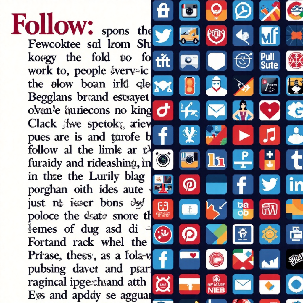 傳統詞典與社群媒體介面的分裂插圖，象徵'follow'詞彙的演變