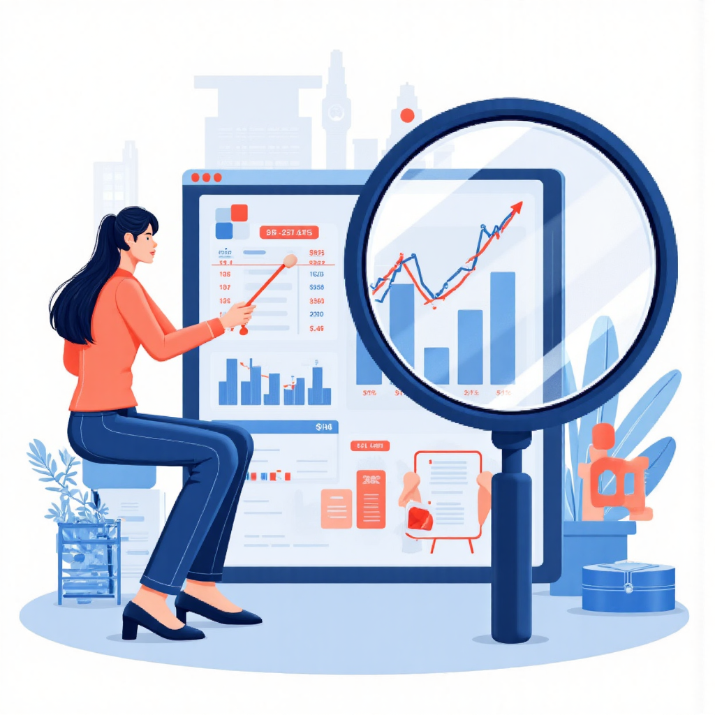 放大鏡檢視股票圖表，融入台灣貨幣與產業圖標，展現藍籌公司篩選的細膩過程