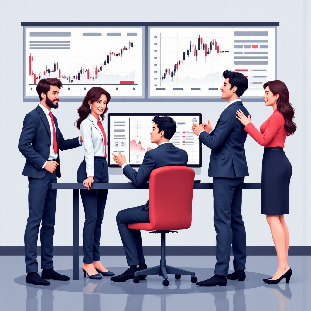 投資者興奮檢視上漲圖表與正面市場指標的像素藝術插圖