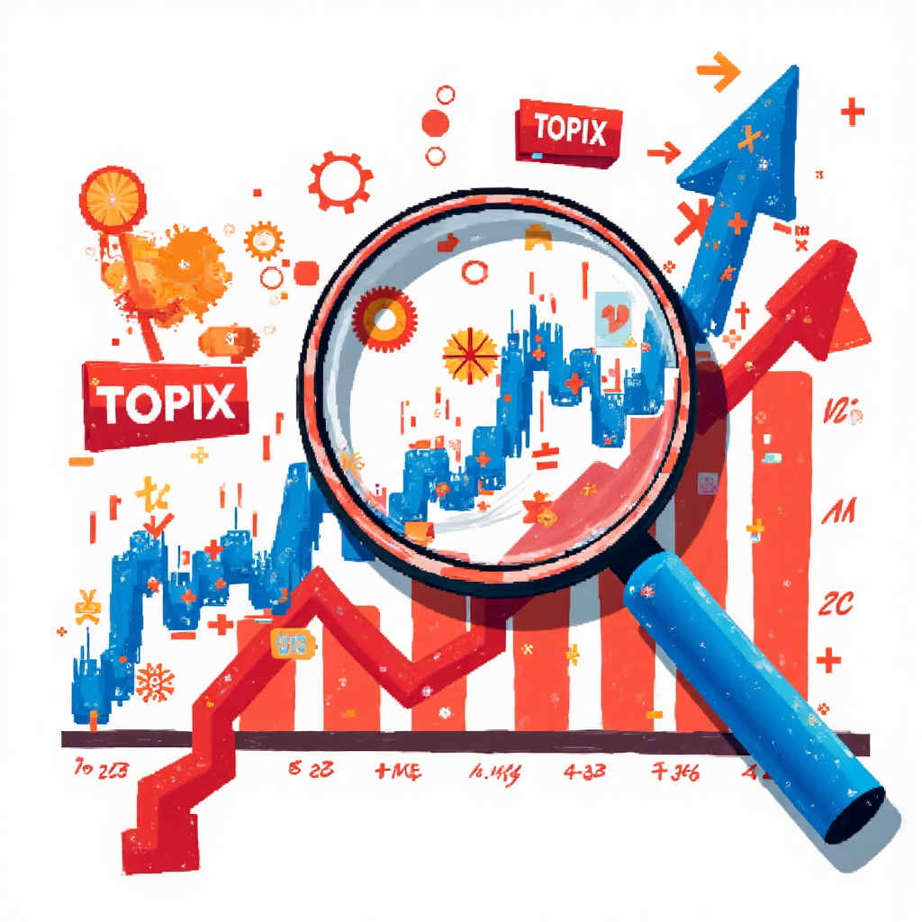 像素藝術風格的放大鏡檢視TOPIX指數股票圖表，融入日本經濟符號的生動插圖