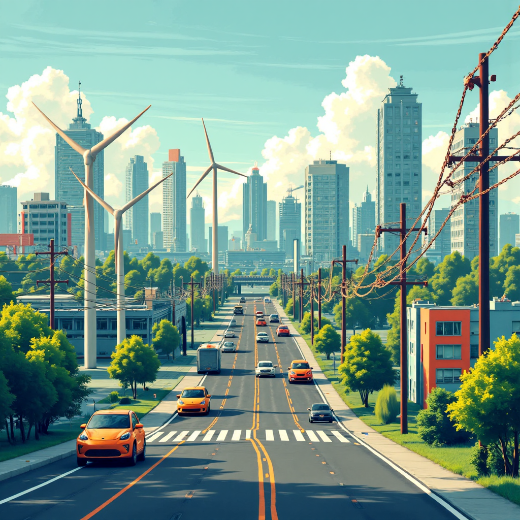 未來能源轉型中銅需求的未來城市像素藝術，包含電動車、風力渦輪與銅線流動