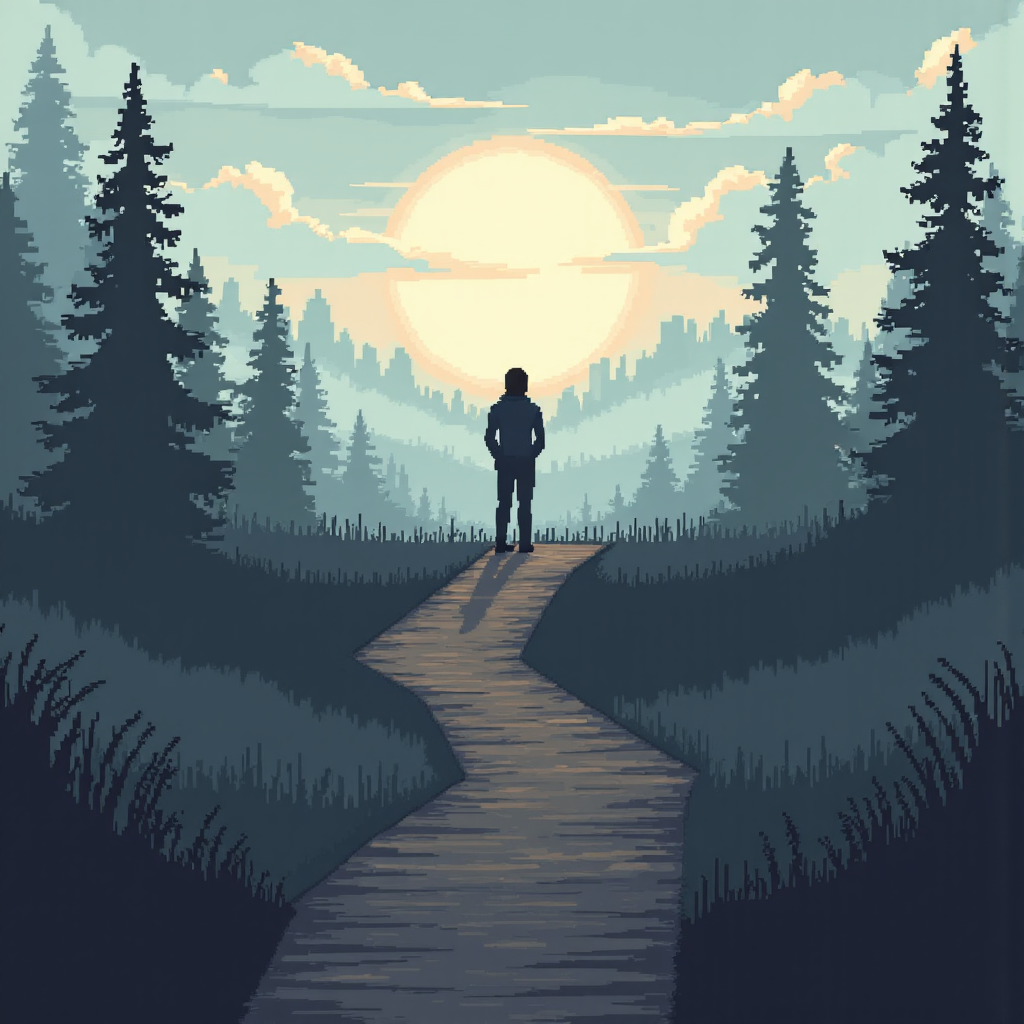 像素藝術風格，一個人站在十字路口，一條路通往濃霧，另一條通往明亮地平線，象徵舒適區與勇敢探索的抉擇
