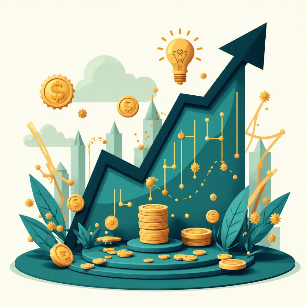 像素藝術風格的動感股市上漲圖表，下方有堅實支撐地板，融入穩定與成長視覺隱喻，藍綠色調配金色點綴