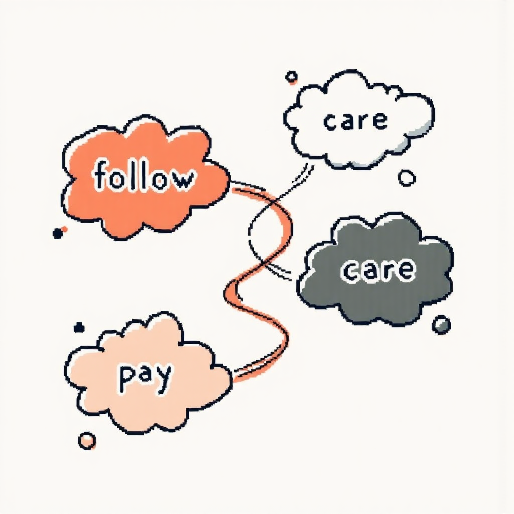 抽象思想泡泡與互聯線條的插圖，代表'follow'、'care' 和 'pay attention' 的細微差異